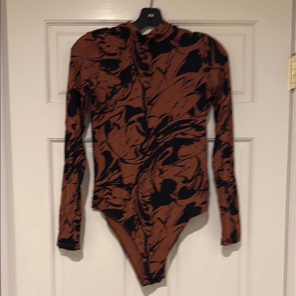 Brown and Black Abstract Pattern Bodysuit with High Neckline